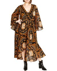 City Chic - Freya Placement Belted Long Sleeve Maxi Wrap Dress - Lyst