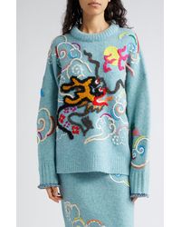 YANYAN - Dragon Embroidered Wool Blend Crewneck Sweater - Lyst