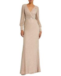 Mac Duggal - Wrap Over Bishop Sleeve Pearl Beaded Gown - Lyst