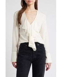FRAME - Ruffle Front Long Sleeve Silk Top - Lyst