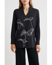 Misook - Embroidered Crêpe De Chine Stand Collar Tunic - Lyst