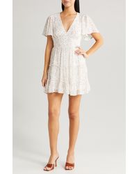 All In Favor - Floral Print Tiered Minidress In White/pink Ditsy Rose At Nordstrom, Size X-large - Lyst