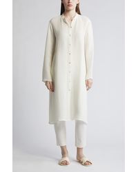 Eileen Fisher - Band Collar Longline Organic Linen Blend Button-up Shirt - Lyst