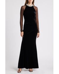 Eliza J - Embellished Ruched Long Sleeve Velvet Gown - Lyst