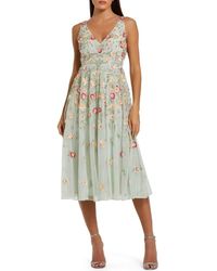 Mac Duggal - V-Neck Sleeveless Midi Floral Beaded A-Line Dress - Lyst