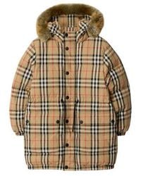 Burberry - Faux Fur Trim Check Nylon Puffer Coat - Lyst
