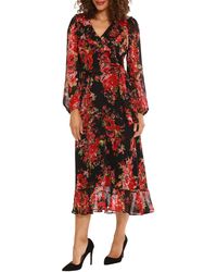 Maggy London - Floral Long Sleeve Tiered Faux Wrap Midi Dress - Lyst