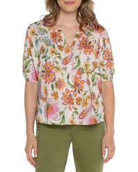 Liverpool Los Angeles - Shirred Floral Short Sleeve Button-up Shirt - Lyst