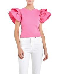 English Factory - Mix Media Ruffle Sleeve Cotton Rib Top - Lyst