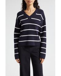 Vince - Stripe V-neck Cotton Blend Sweater - Lyst