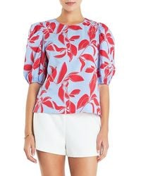 English Factory - Leaf Print Puff Sleeve Cotton Top - Lyst