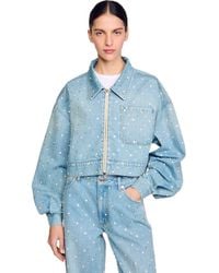 Sandro - Beaded And Rhinestone Denim Jacket - Lyst