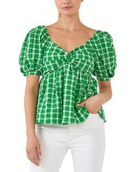 English Factory - Twist Front Gingham Puff Sleeve Top - Lyst