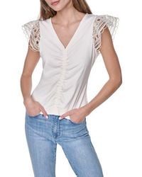 DKNY - Center Ruched Lace Sleeve Cotton Blend Top - Lyst