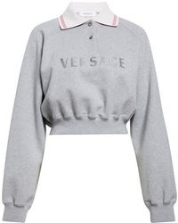 Versace - Embroidered Logo Greca Collar Cotton Fleece Crop Polo Sweatshirt - Lyst