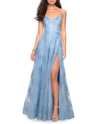 la femme metallic floral embellished evening dress
