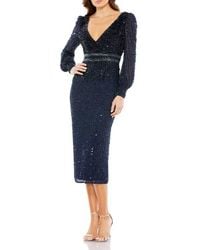 Mac Duggal - V-Neck Sequined Overlay Gown With Long Bishop Sleeves And Embellished Waist - Lyst