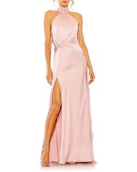 Ieena for Mac Duggal - Side Ruched Satin Halter Gown - Lyst