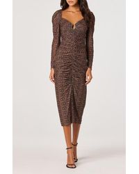 Astr - Long Sleeve Ruched Mesh Midi Dress - Lyst