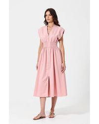Modenaire - Cap Sleeve Midi Dress With Smocked Waist Front Zip And Side Pockets - Lyst