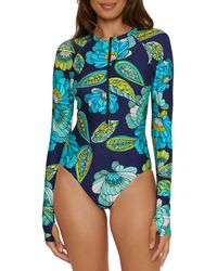 Trina Turk - Pirouette Floral Half Zip Long Sleeve One-piece Rashguard Swimsuit - Lyst