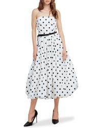 FREEMARKET - Polka Dot Pleated Strapless Belted Bubble Hem Cotton Midi Dress - Lyst