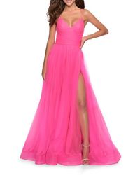 La Femme - Long Tulle A-Line Gown With Side Slit And Pockets - Lyst