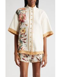 Zimmermann - Lexi Tropical Floral Raffia Trim Button-up Shirt - Lyst