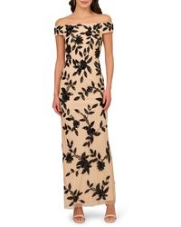 Adrianna Papell - Beaded Off The Shoulder Mesh Column Gown - Lyst