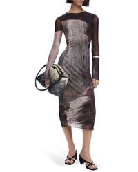 Desigual - Abstract Print Long Sleeve Mesh Midi Dress - Lyst