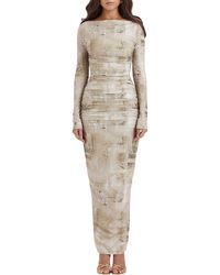 House Of Cb - Lanetta Ruched Bateau Neck Long Sleeve Georgette Dress - Lyst