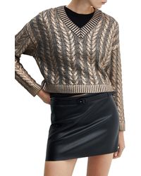 Mango - V-neck Foil Cable Knit Sweater - Lyst