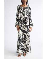 St. John - Harlow Leaf Print Long Sleeve Silk Maxi Dress - Lyst