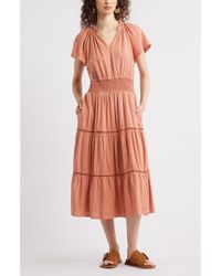 Treasure & Bond - Ladder Stitch Accent Linen Blend Tiered Minidress - Lyst