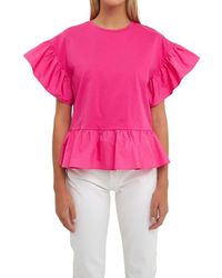English Factory - Mixed Media Flutter Sleeve Peplum Cotton Top - Lyst