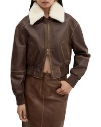 Mango - Leather Bomber With Removable Faux Shearling Collar - Lyst