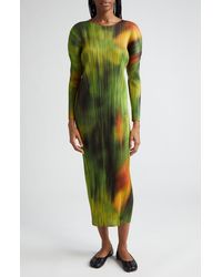Pleats Please Issey Miyake - Abstract Print Pleated Long Sleeve Dress - Lyst