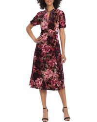 Maggy London - Floral Print Puff Sleeve Velvet Midi Dress - Lyst