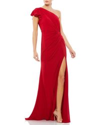 Mac Duggal - Asymmetric One-Shoulder Jersey Gown With Ruffle Sleeve And Thigh-High Slit - Lyst