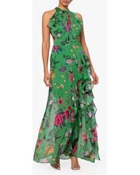 Betsy & Adam - Floral Print Metallic Ruffle Chiffon Gown - Lyst