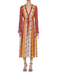 Carolina Herrera - Mixed Floral Stripe Long Sleeve Chiffon Midi Dress - Lyst