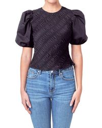 English Factory - Asymmetric Shirred Puff Sleeve Top - Lyst