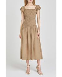 Wayf - Cassidy Plaid Smock Bodice Cotton Midi Dress - Lyst