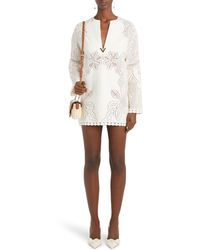 Valentino Garavani - Floral Pointelle Detail Long Sleeve Stretch Cotton Minidress - Lyst