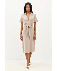 Modenaire - Striped Button-Down Midi Dress With Waist Tie And Collared Neckline - Lyst