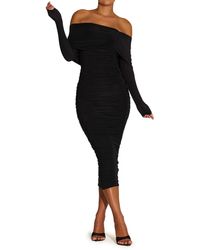 Naked Wardrobe - Ruched Long Sleeve Off The Shoulder Midi Dress - Lyst