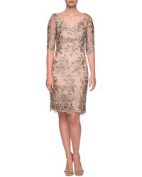 La Femme V-neck Sheer Half-sleeve Embroidered Sheath Dress - Multicolour