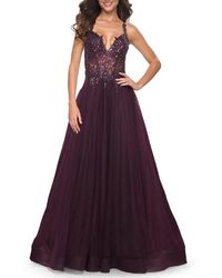 La Femme - Tulle A-Line Gown With Sheer And Beaded Lace Detail - Lyst