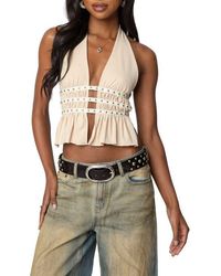 Edikted - Studded Split Front Open Back Halter Top - Lyst