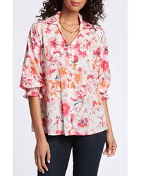 Foxcroft - Alexis Watercolor Print Smocked Sleeve Cotton Popover Top - Lyst
